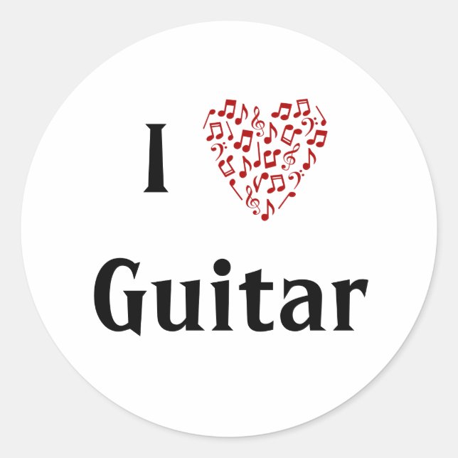 Sticker Rond J'aime Guitare Cœur Rouge de Notes de Musique (Devant)