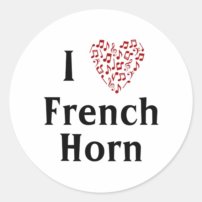 Sticker Rond J'aime la Corne Française Cœur Rouge de Notes de M (Devant)