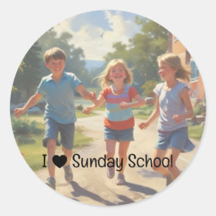 Sticker Rond J'aime l'école du dimanche Enfants jouent