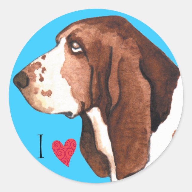 Sticker Rond J'aime ma peau de Basset (Devant)