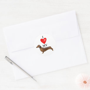 Sticker Rond J'Aime Mon Coeur Rouge Dachshund