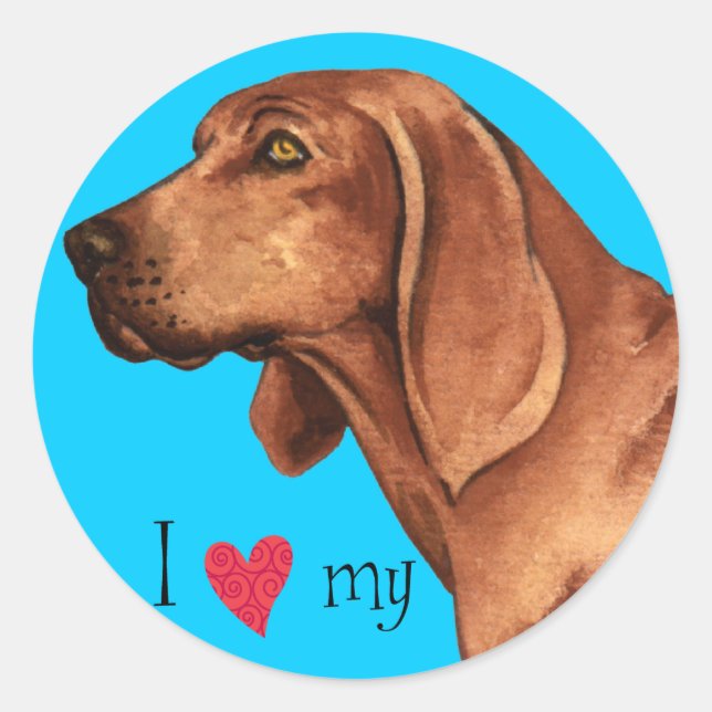 Sticker Rond J'aime mon Coonhound de Redbone (Devant)