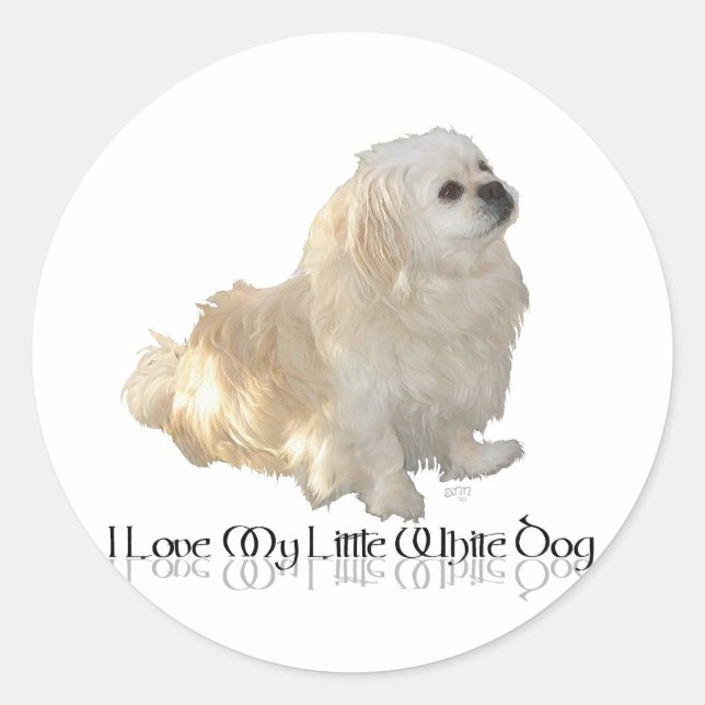 Sticker Rond J'Aime Mon Petit Chien Blanc - Pekingese ! (Devant)