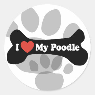 Sticker Rond J'Aime Mon Poodle - Os De Chien