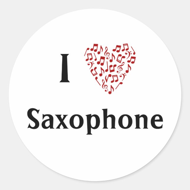 Sticker Rond J'aime Saxophone Cœur Rouge De Notes De Musique (Devant)