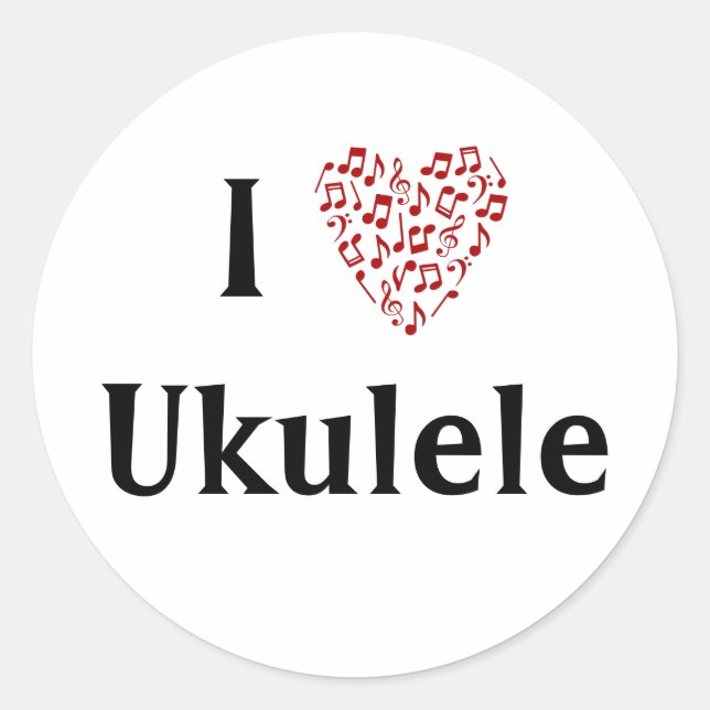 Sticker Rond J'aime Ukulele Cœur Rouge de Notes de Musique (Devant)