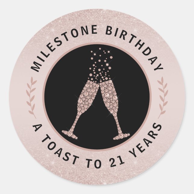 Sticker Rond Jalon Anniversaire 21 Parties scintillant Toast Ch (Devant)