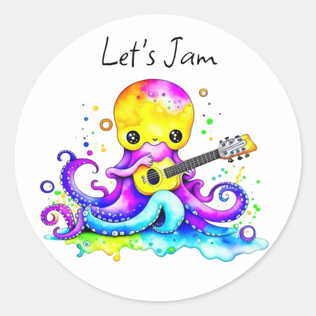 Sticker Rond Jam | Octopus Jouer Guitare Acoustique (Devant)