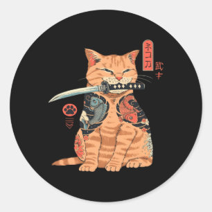 Sticker Rond Japonais Samurai Ninja Cat Kawaii Tattoo