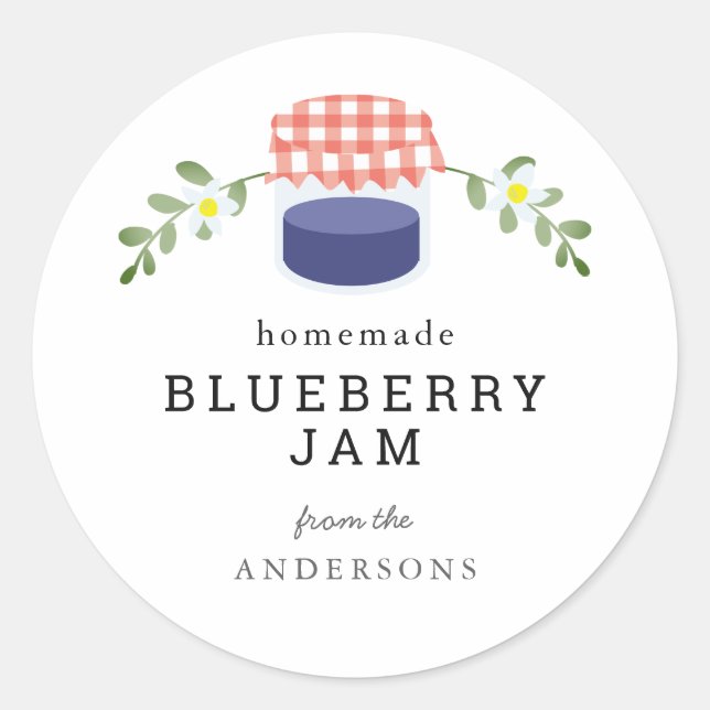 Sticker Rond Jar à confiture de bleuet maison Blanc floral (Devant)