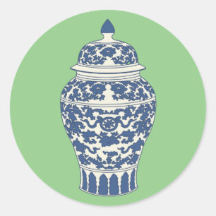 Sticker Rond Jar de gingembre bleu et blanc