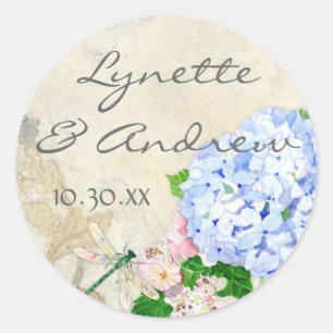 Sticker Rond Jardin anglais, bleu et rose Hydrangeas aquarelle
