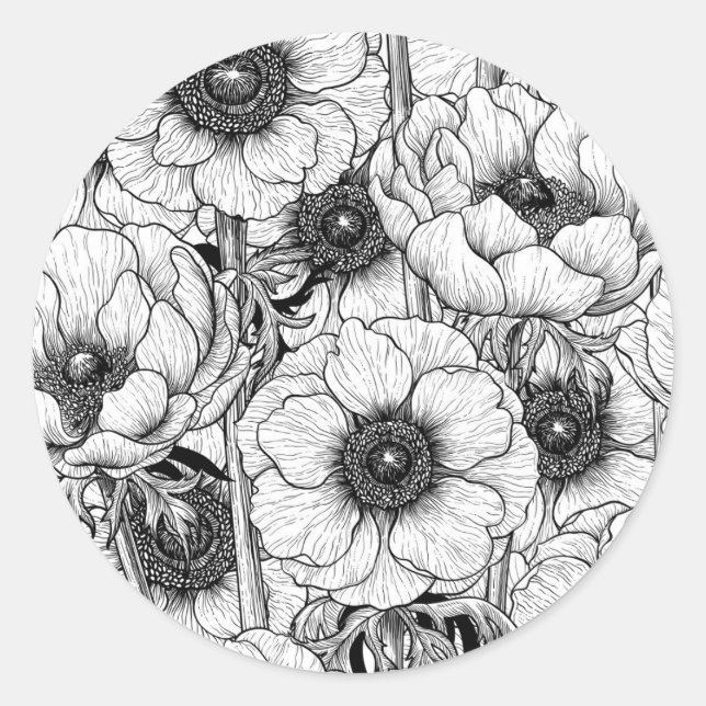 Sticker Rond Jardin d'anémones en noir et blanc (Devant)