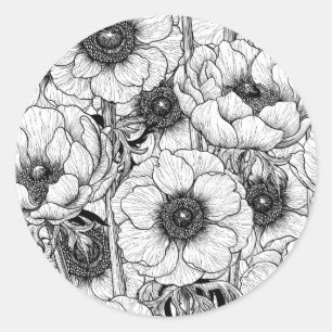 Sticker Rond Jardin d'anémones en noir et blanc