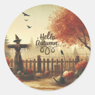 Sticker Rond Jardin d'automne et épouvantail