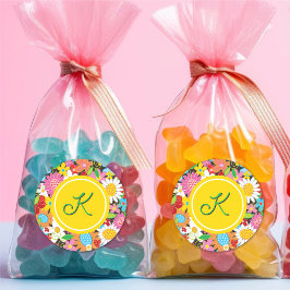 Sticker Rond Jardin de fleurs printanières fantaisistes Monogra