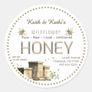 Sticker Rond Jardin de miel ruches d'abeilles et petit jardin d