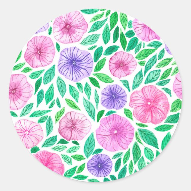 Sticker Rond Jardin de pétunia aquarelle (Devant)