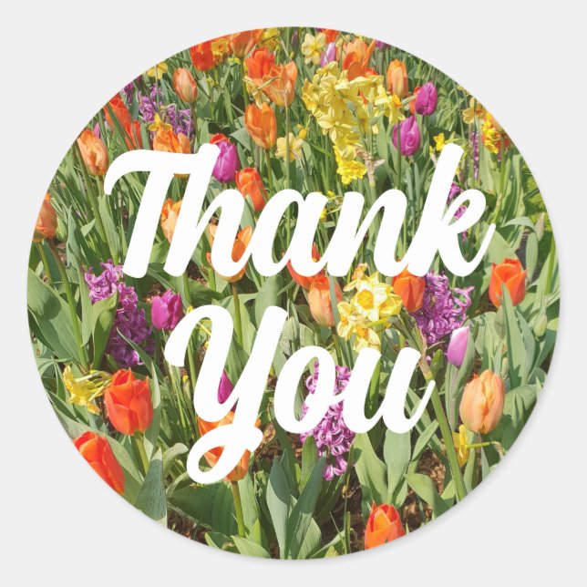 Sticker Rond Jardin de tulipes vibrant Merci (Devant)