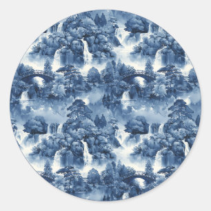 Sticker Rond Jardin d'eau japonais en porcelaine blanche bleue