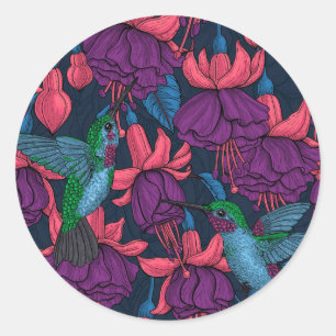Sticker Rond Jardin des colibris en violet et bleu