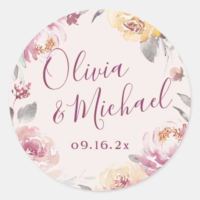 Sticker Rond Jardin romantique aquarelle mariage floral (Devant)
