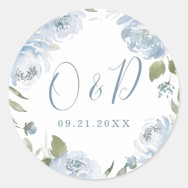 Sticker Rond Jardin romantique bleu poussiéreux mariage monogra (Devant)