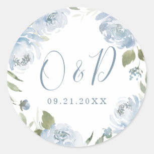 Sticker Rond Jardin romantique bleu poussiéreux mariage monogra