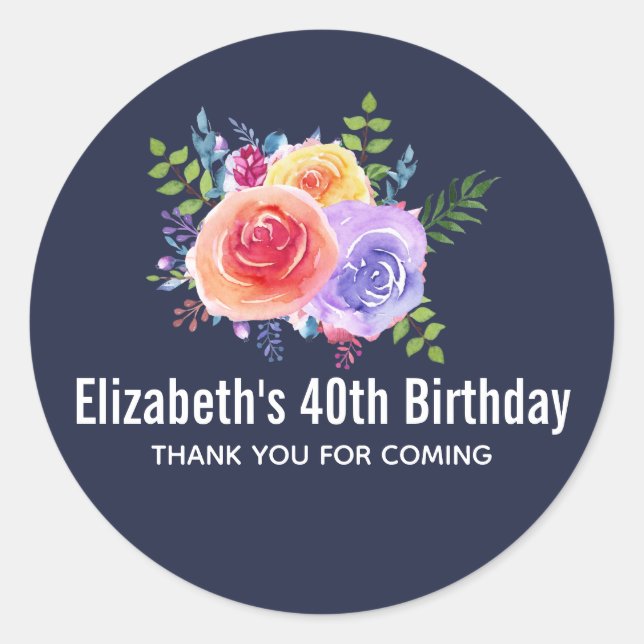 Sticker Rond Jardin Rose Aquarelle Fleurs Anniversaire Merci (Devant)