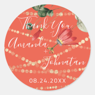 Sticker Rond Jardin Rose Feuille d'Or Nom Date Corail Or Lierre