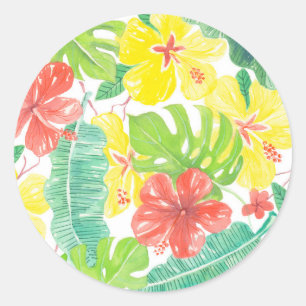 Sticker Rond Jardin tropical, plumeria hibiscus et feuilles de 