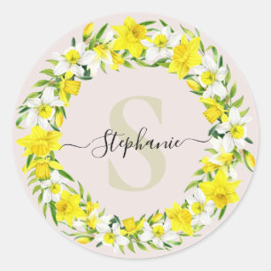 Sticker Rond Jaune blanc Daffodique Garland Nom du monogramme