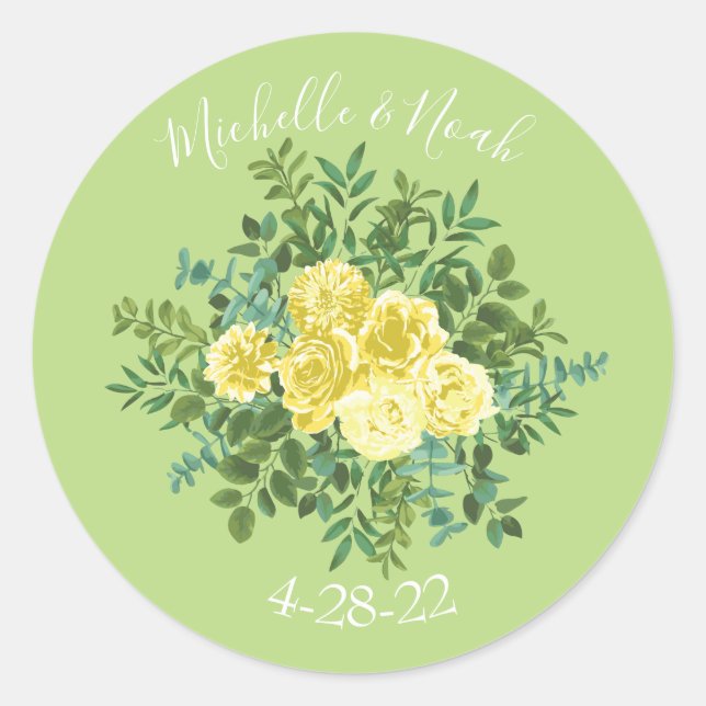 Sticker Rond Jaune clair et vert pâle Rose Mariage floral (Devant)