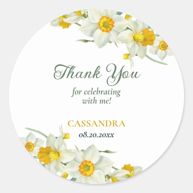 Sticker Rond Jaune Daffodique Blanc Rustique Floral Anniversair (Devant)