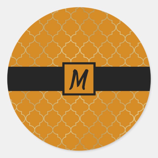 Sticker Rond Jaune de curcuma Or Quatrefeuille Monogrammé Fête (Devant)