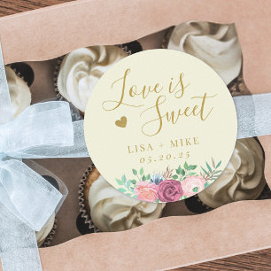Sticker Rond Jaune doux et floral rose Love is Sweet Mariage