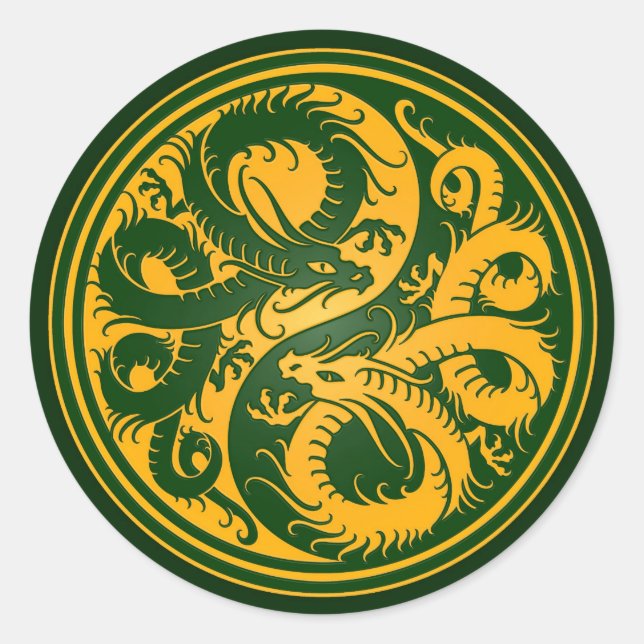 Sticker Rond Jaune et vert Yin Yang Dragons chinois (Devant)
