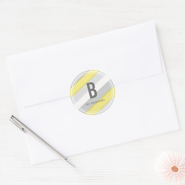Sticker Rond Jaune gris rayures Mod monogramme Nouvel An vacanc (Enveloppe)