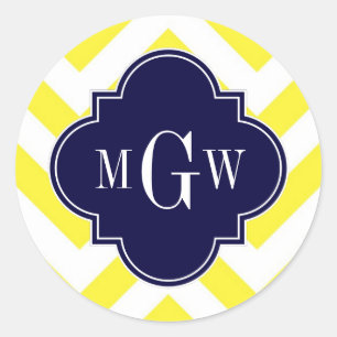 Sticker Rond Jaune Lg Chevron Marine Quatrefeuille 3 Monogramme