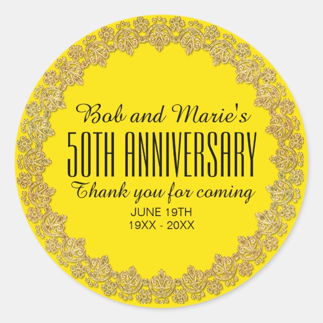 Sticker Rond Jaune, or Personnalisé 50e anniversaire de Mariage (Devant)
