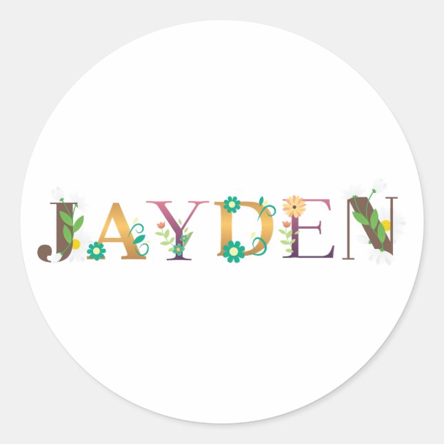 Sticker Rond JAYDEN Nom Art Avec Fleurs Brodées (Devant)