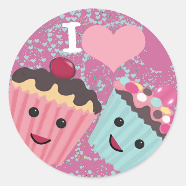 Sticker Rond Je Coeur Cupcakes - J'aime les Cupcakes (Devant)