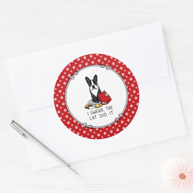 Sticker Rond Je jure, le chat l'a fait Boston Terrier Dog (noir (Enveloppe)