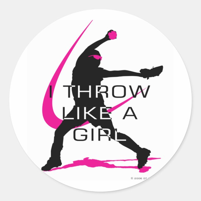 Sticker Rond Je lance comme une fille de softball rose (Devant)