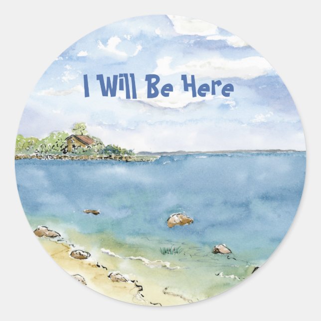 Sticker Rond Je serai ici Mattapoisett Ma Beach Aquarelle (Devant)