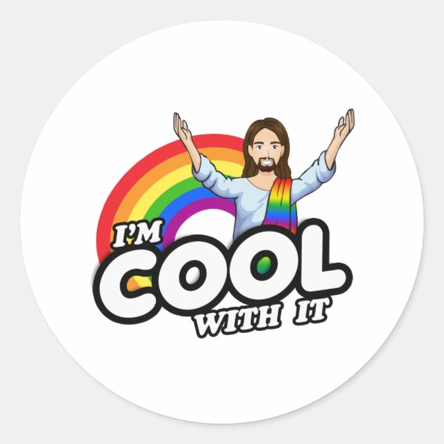 Sticker Rond Je suis Cool avec - Rainbow Jesus (Devant)