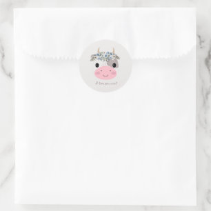 Sticker Rond Je t'aime moo ! Vache mignonne avec couronne de fl