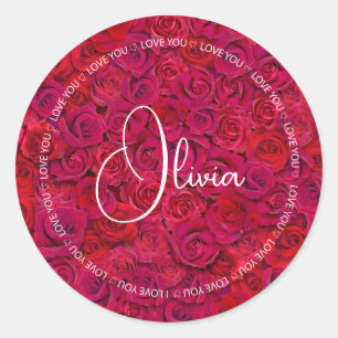 Sticker Rond Je t'aime Nom personnalisé Roses rouges Amour