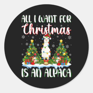 Sticker Rond Je Veux Pour Noël Est Un Alpaca Lumières Arbre