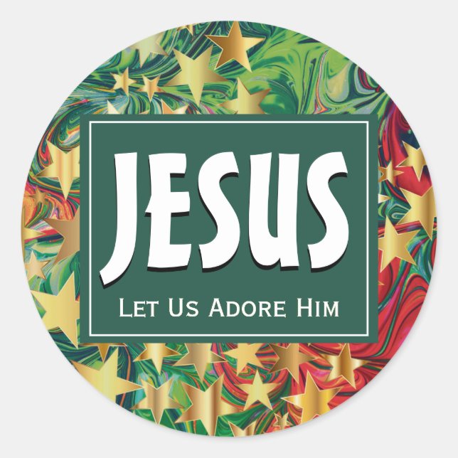 Sticker Rond JÉSUS Adore-Lui Festivals Étoiles De Noël (Devant)